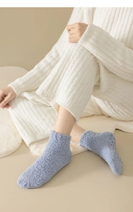 Detailed texture of thick blue coral fleece winter floor socks for home comfort