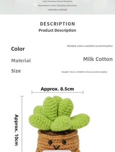 Detail view of mini crochet succulent plant made of milk cotton with size dimensions