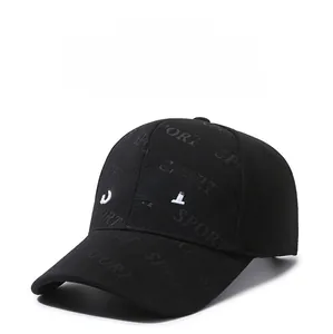 Detailed view of black baseball cap with white SPORT embroidery and textured pattern