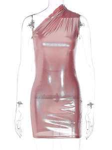 Detail of pink metallic off-shoulder dress featuring slim fit and gathered fabric texture