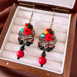 Dragonfly Rose Beaded Dangle Earrings With 925 Sterling Silver Earring Post Vintage Ethnic Jewelry For Women