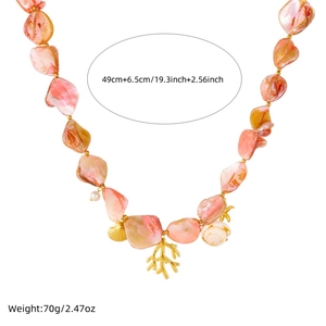 Gold plated stainless steel necklace with pink sea shells coral and pearl pendants
