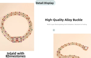 Detail view of multi-layered pearl chain with colorful rhinestones and alloy buckle