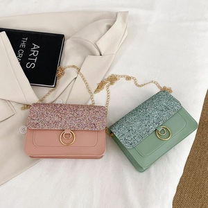Chic sequined flap crossbody bags with gold chain and ring buckles in pink and green