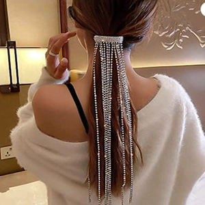 Elegant long rhinestone tassel ponytail hair clip in silver metal for women's hairstyling