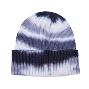 Tie-dye knit beanie in black and grey with vertical ribbing and folded cuff design