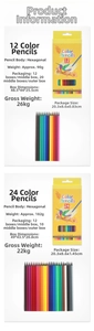 Detail showing 12 and 24 color hex pencils in vibrant yellow hummingbird packaging