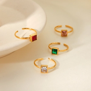 18k gold plated stainless steel square zircon rings in red green white and pink colors