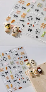 Détail des stickers ongles M-702 avec motifs de chats et nœuds sur les ongles
