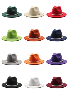 Flat lay grid of wool fedora hats in 12 colors with white bands and gold buckles