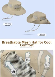 Détails du chapeau de soleil beige avec maille aérée et mentonnière réglable