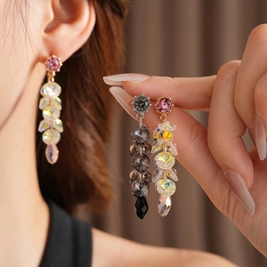 Sparkling tassel drop earrings with geometric pink and black crystals and silver needles