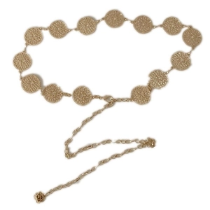 Adjustable golden hollow circular metal chain belt with a delicate flower pendant