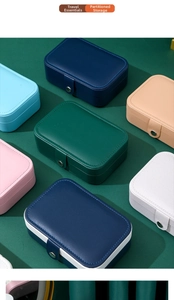 Detail of portable PU leather jewelry boxes in various colors with metallic snap closure