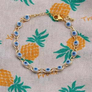 Gold-plated Evil Eye charm bracelet with colorful enamel details and adjustable chain