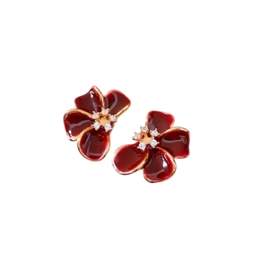 Elegant 18K gold-plated flower stud earrings with burgundy enamel and cubic zirconia