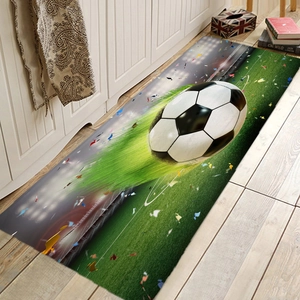 Soccer ball printed flannel floor mat on light wooden floor for indoor home decor