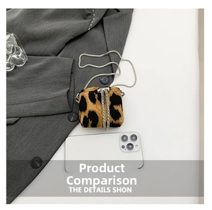 Mini leopard print chain bag shown next to a smartphone to demonstrate the compact size