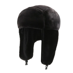 Winter thermal bomber hat in black faux fur with ear flaps and buckle for outdoors