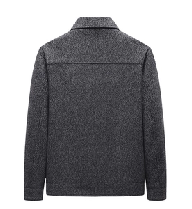 Rear view of dark grey wool jacket for middle-aged men with textured grain and classic collar