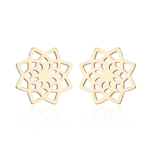 Elegant gold lotus mandala stud earrings in minimalist cutout stainless steel design