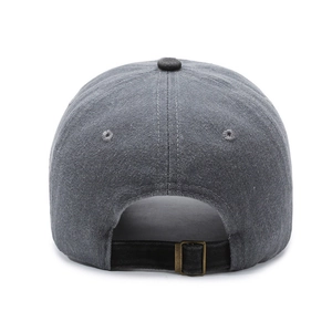 Back view of grey cotton baseball cap with adjustable strap and vintage bronze buckle
