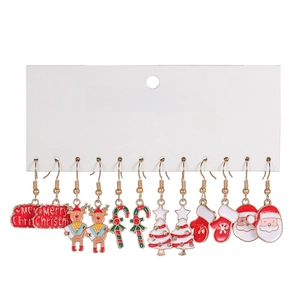 Detailed set of 6 pairs of festive Christmas drop earrings with colorful enamel charms
