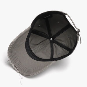 Distressed grey-green washed cotton baseball cap with adjustable metal buckle strap