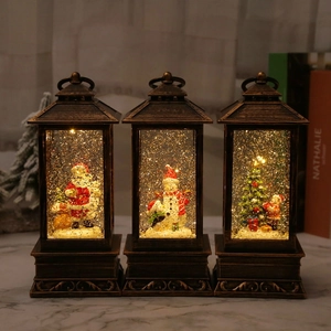 Christmas Snow Globe Lantern Music Light Up Retro Vintage Bronze Water Filled Floating Glitter Holiday Desktop Decor