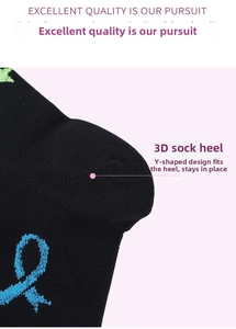 Detail of Y-shape reinforced heel on black compression socks with knit patterns