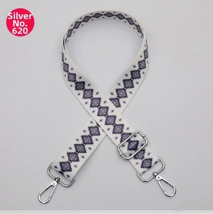 Detail of No. 620 purple geometric woven bag strap with silver metal swivel hooks