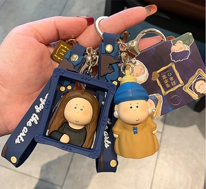Close-up of cute cartoon artist keychains featuring Mona Lisa and Girl with a Pearl Earring