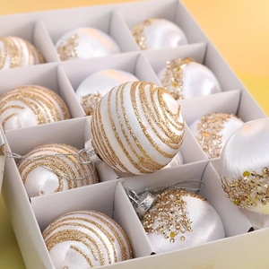 12-piece set of 6cm white and gold Christmas tree ornaments with glitter patterns