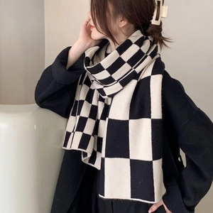 Classic black and white checkered cashmere-feel winter scarf for women in a soft knit