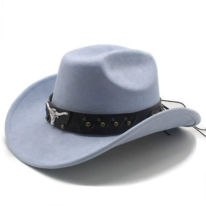Detail of light blue faux suede cowboy hat with metallic bull head and rivet band