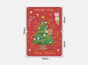 Detailed size specification for foldable red Christmas card with bear and tree patterns