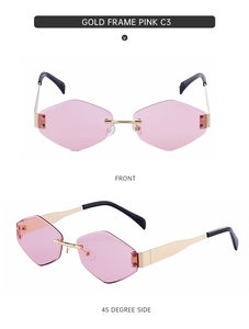Detail view of pink rimless hexagon sunglasses with gold metal frames and C3 marking