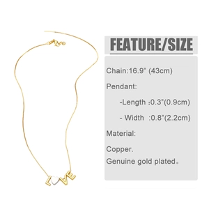 Detail of LOVE heart pendant showing precise dimensions and genuine gold plated finish
