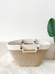 Handmade Woven Tote Bag Cotton Rope Color Block Large Capacity Beach Vacation Handbag Wooden Beads Bohemian Style Niche