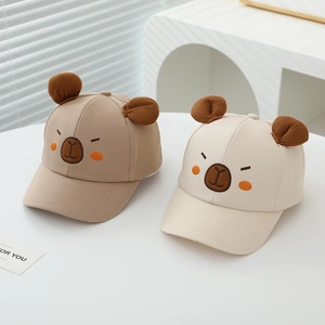 Kids capybara baseball cap with 3D ears and bear embroidery in beige and khaki colors