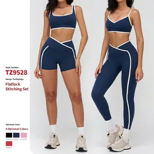 Women's Contrast Binding Yoga Set V-Neck Sports Bra And High Waist Leggings Top And Bottom Gym Fitness Workout Activewear