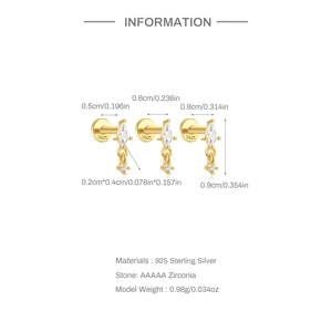 S925 sterling silver gold flower stud earrings showing 5mm 6mm and 8mm bar length options
