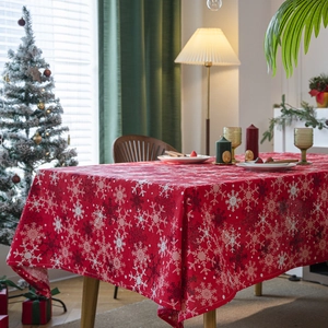 Festive red Christmas tablecloth with snowflake patterns for rectangular dining tables