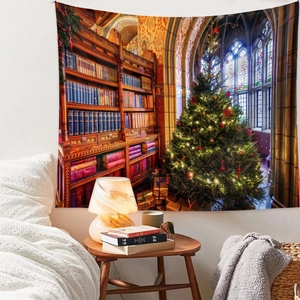Detail of Christmas tree tapestry showing vintage library bookshelves and gothic window