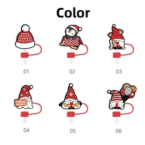 Detail view of 6-piece Christmas gnome and penguin reusable straw covers set