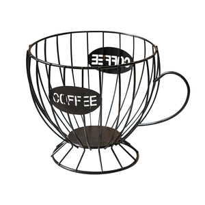 Modern black metal wire coffee capsule storage basket with decorative COFFEE label