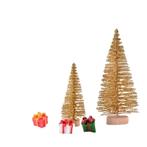 Miniature golden glitter Christmas trees with colorful gift box ornaments for table decor
