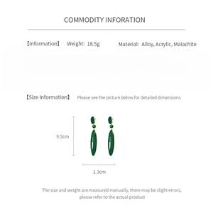 Detail view of malachite drop earrings with dimensions 9.5cm and material specifications