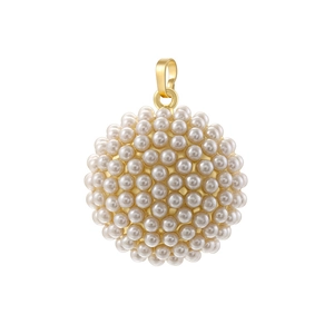 Elegant gold-plated sphere pendant encrusted with white faux pearls on white background