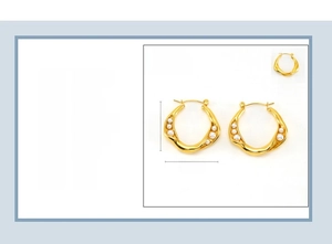Detail showing irregular gold stainless steel hoop earrings with pearls and 32mm size